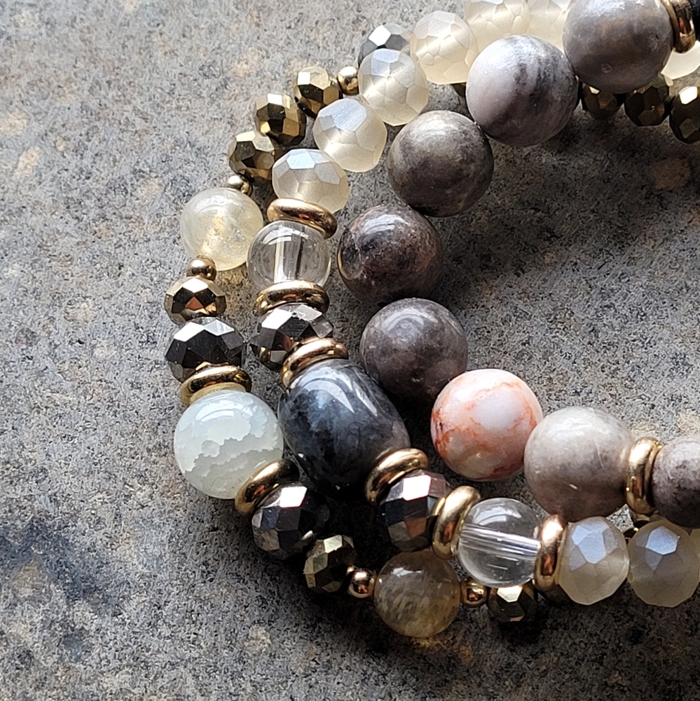 Rhondonite Stone & Glass Bead Bracelet Set of 3 - Picture 5 of 5